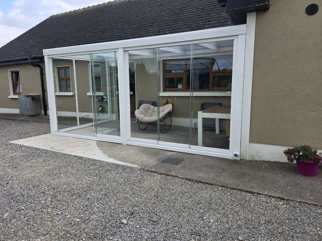 Two front sliding glass door systems installed on the garden room in Roscommon