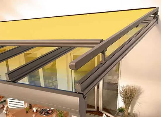Ancona over-roof awning installed above a glass canopy