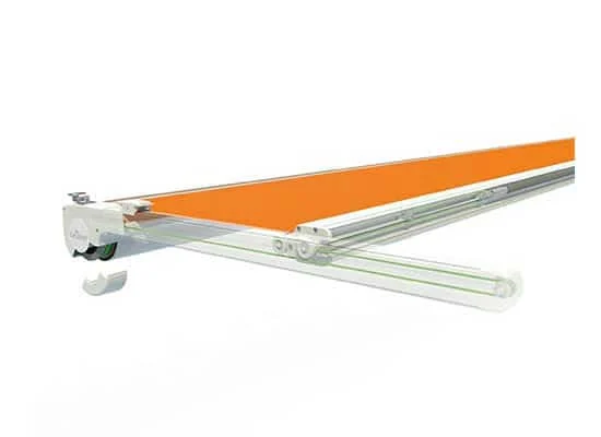 Ancona over-roof awning mechanism and fabric system