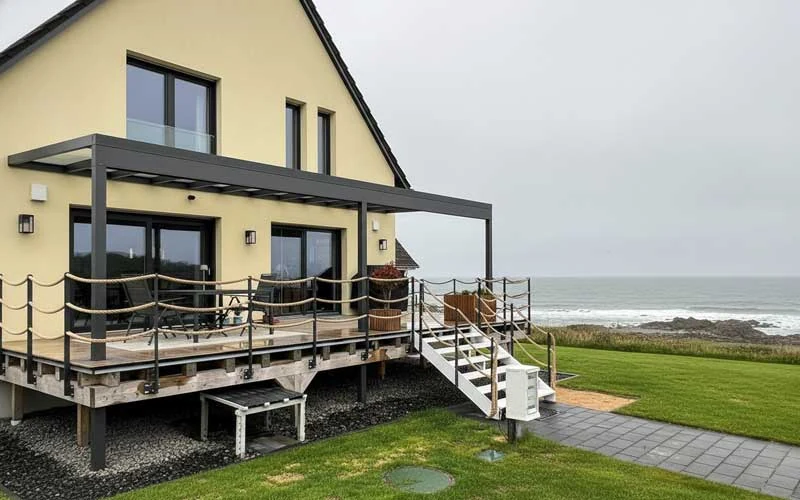 Aluminium pergola with glass roof at a coastal property in Ireland