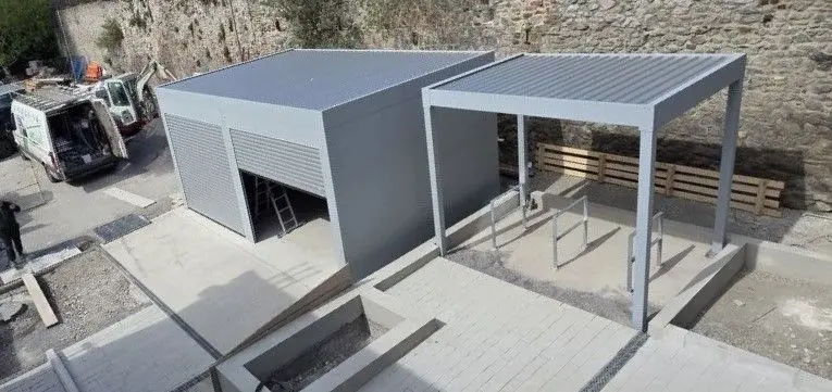 Elevated view of the two completed aluminium shelter structures at the Garda station in Drogheda