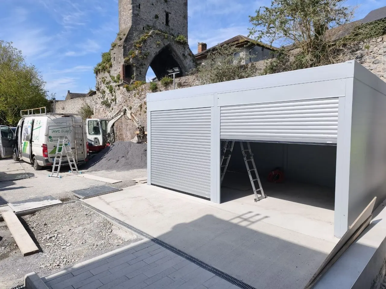 Secure aluminium storage shelter with two automatic roller shutters at the Garda station in Drogheda