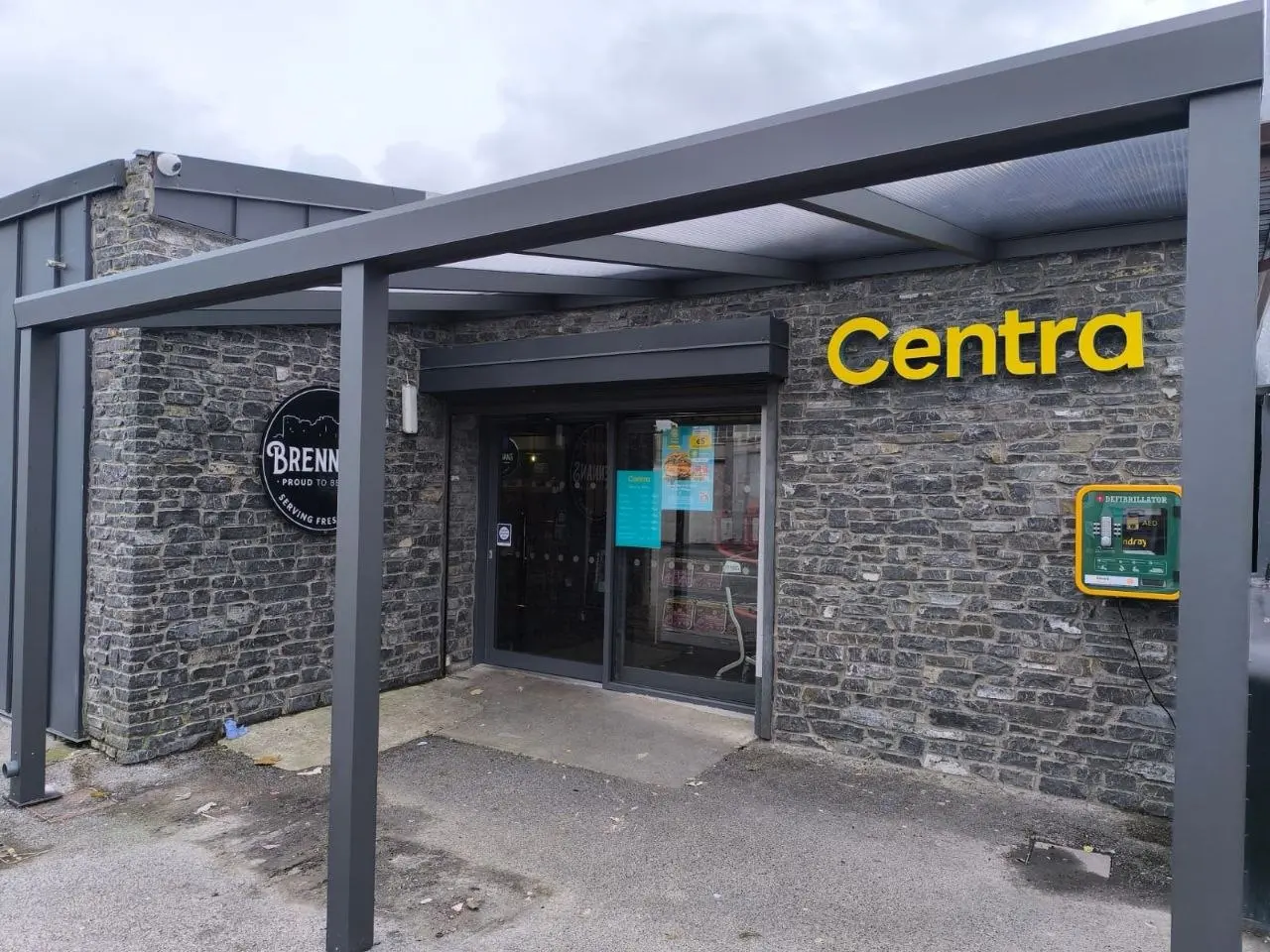 Front view of the completed commercial entrance canopy at Centra in Roscommon