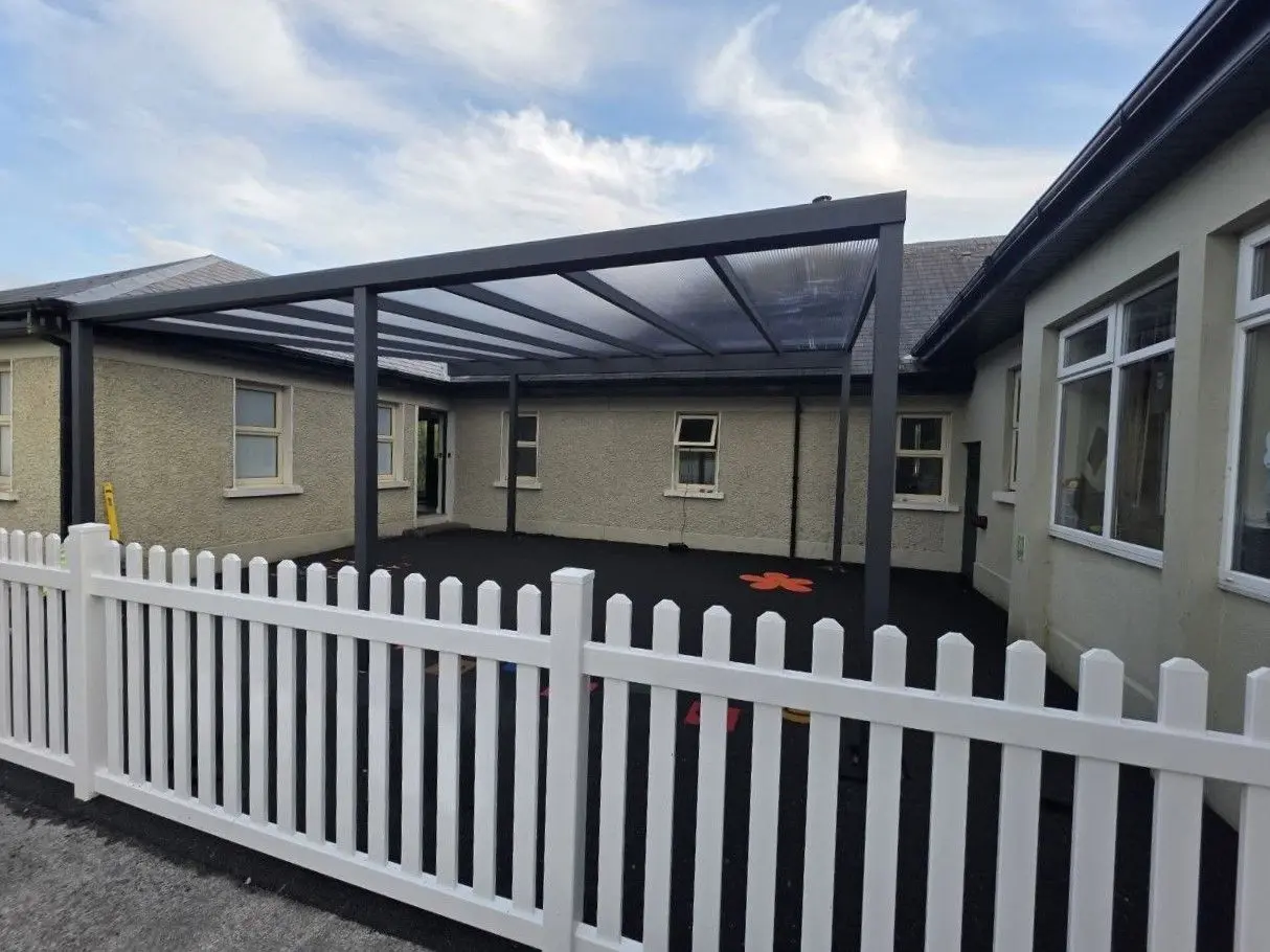 Wide view of the completed polycarbonate school canopy in Meelick