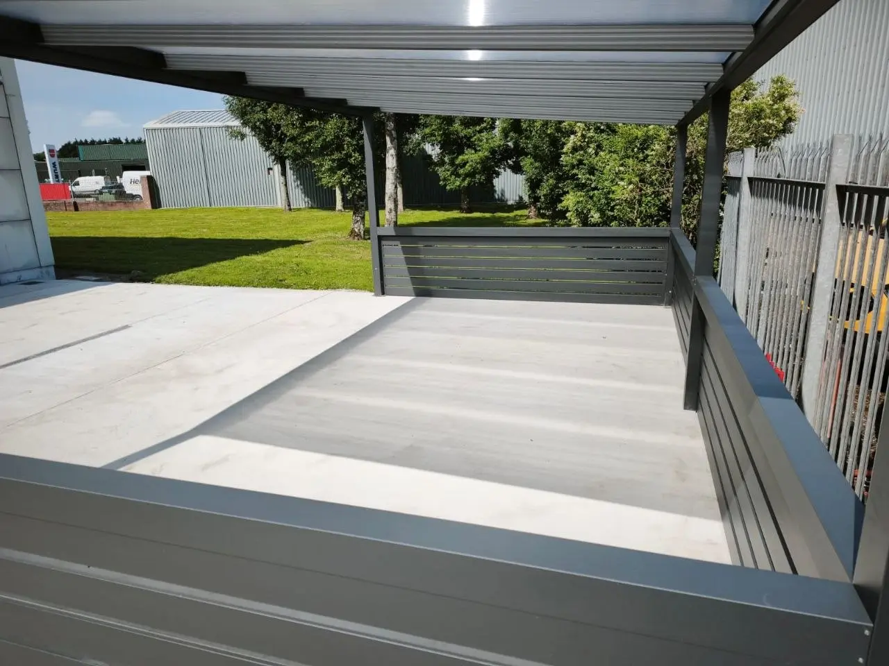 View beneath the clear polycarbonate roof of the Würth staff shelter
