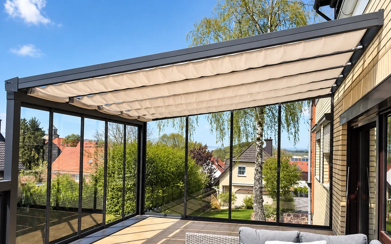 Fabric awning system installed with an aluminium outdoor structure
