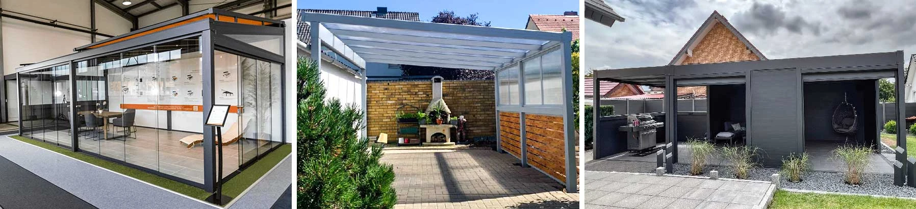 Freestanding aluminium pergola layout examples with different roof and side-wall configurations