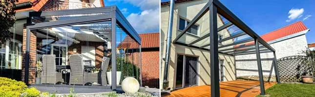 Aluminium pergola examples with laminated safety glass roof