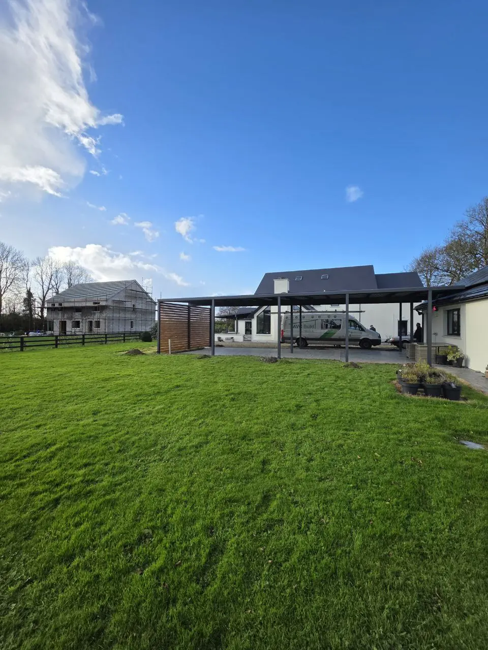 Wide view of the large residential aluminium carport in County Clare