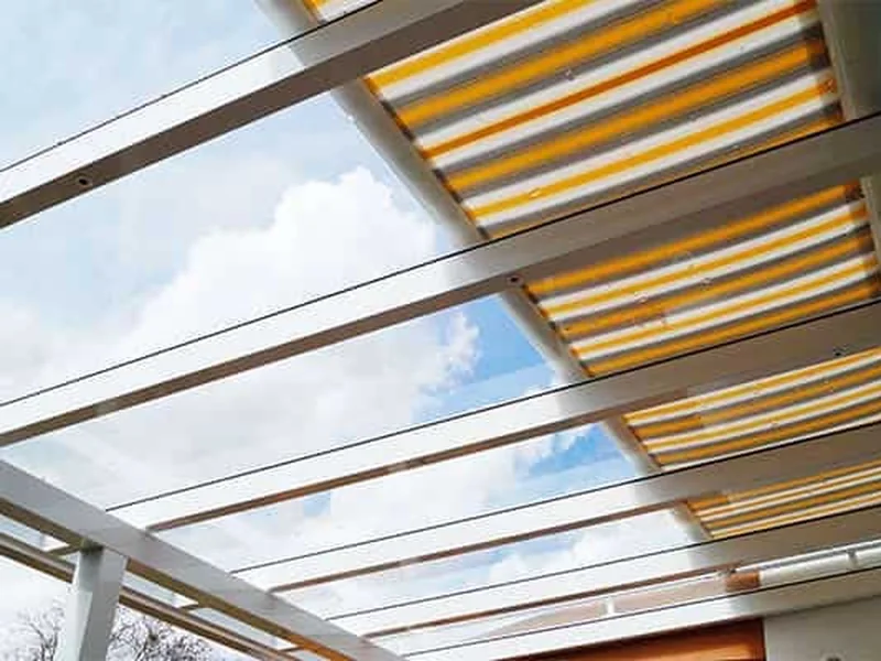 Over-roof awning fitted above a transparent glass roof