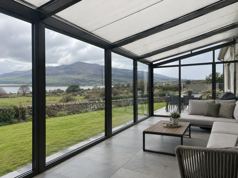Over-roof awning installed above a transparent patio roof in Ireland