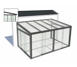 Sliding glass door system with floor track for an aluminium garden room