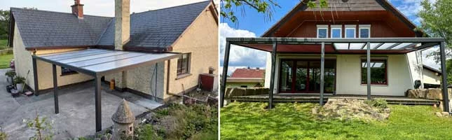 Wall-mounted aluminium pergola with polycarbonate roof