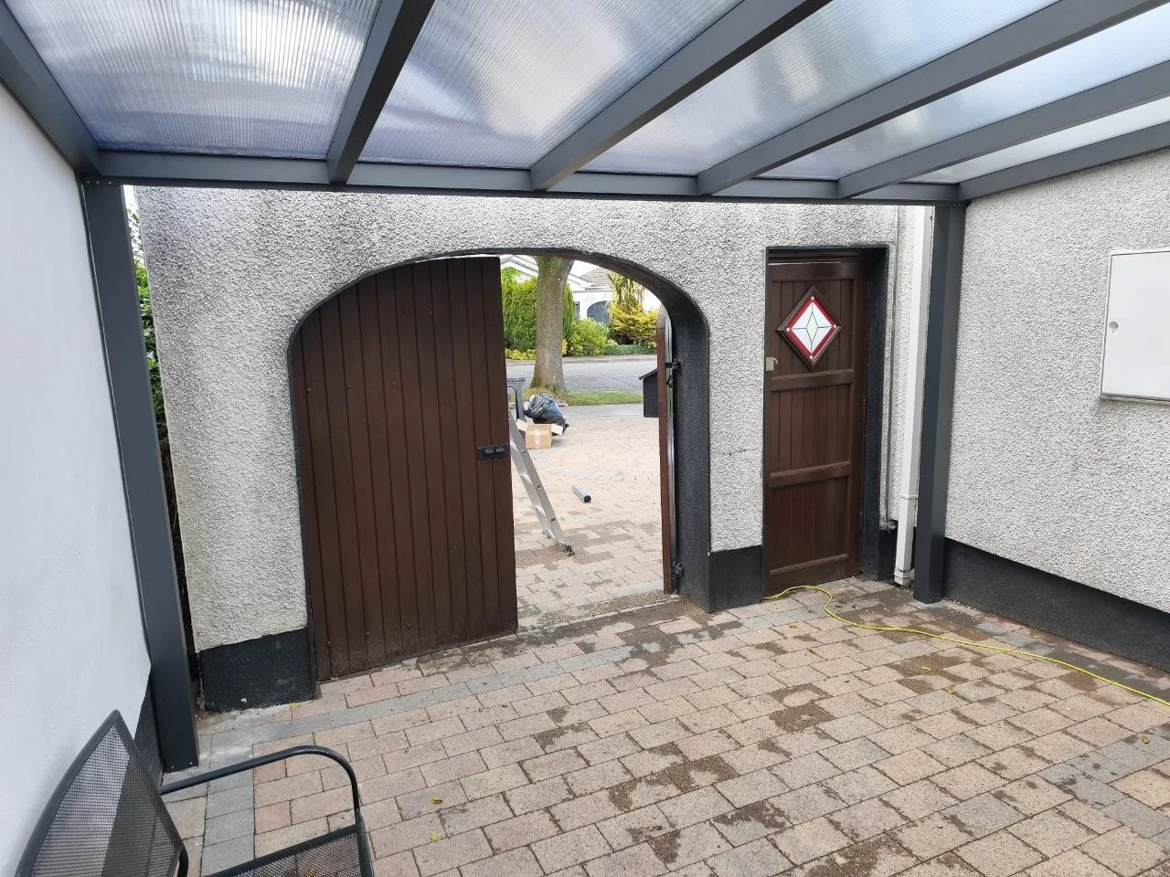 View beneath the completed aluminium canopy covering the residential courtyard in Dublin