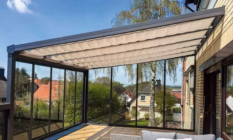 Sun sail shading system installed beneath a glass roof