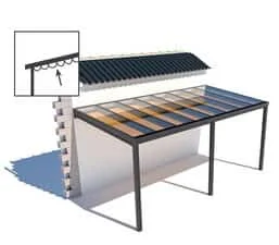 Fabric sun sail below an aluminium canopy roof