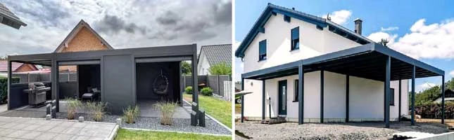 Aluminium pergola examples with trapezoidal sheet roof and fleece