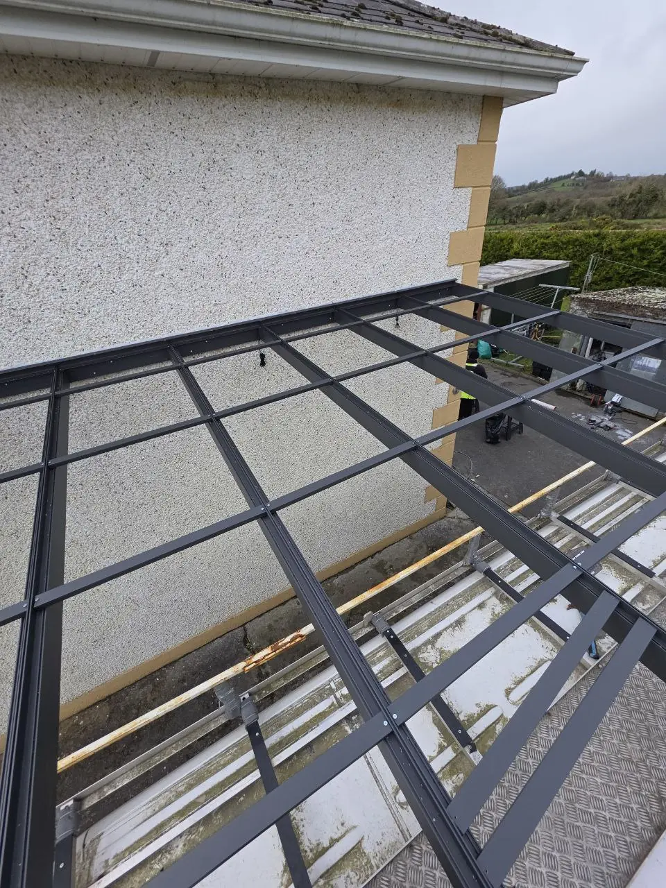 Aluminium roof frame during carport installation in Cavan