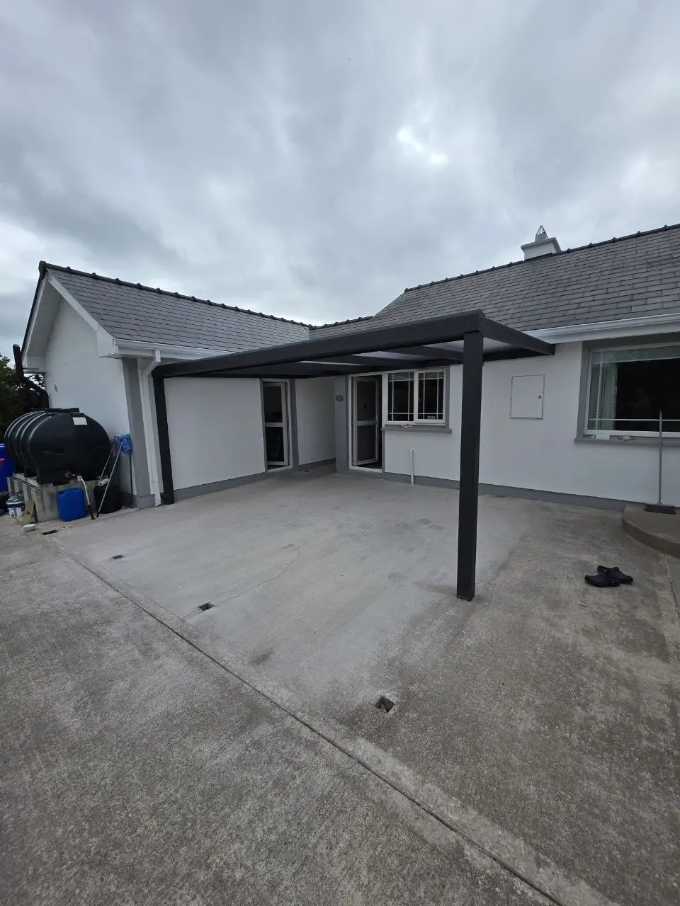 Angled view of the completed aluminium patio canopy in County Leitrim