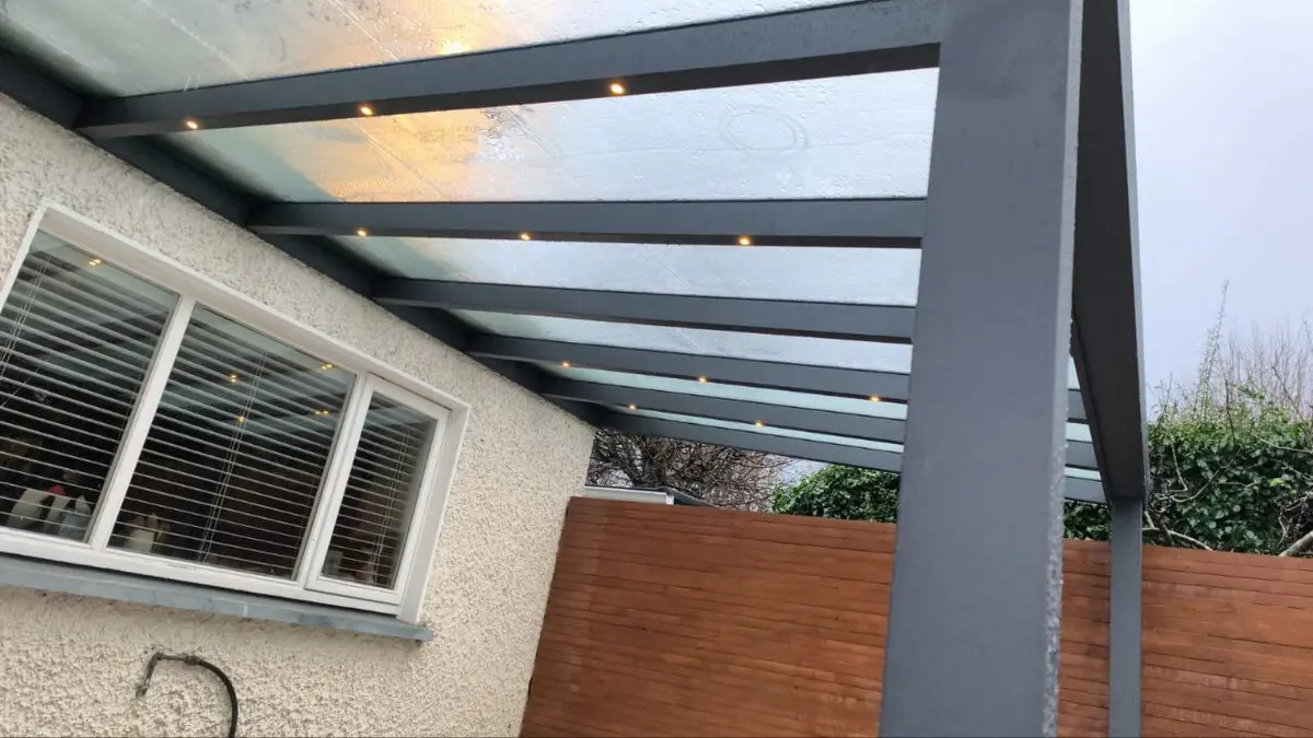 Close-up of LED lights integrated into the aluminium roof supports