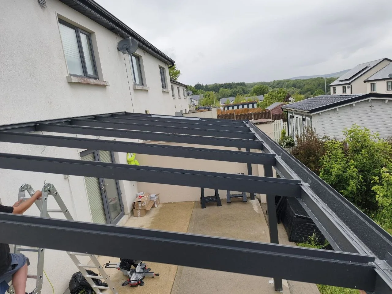 Aluminium pergola frame before installation of the transparent polycarbonate roof