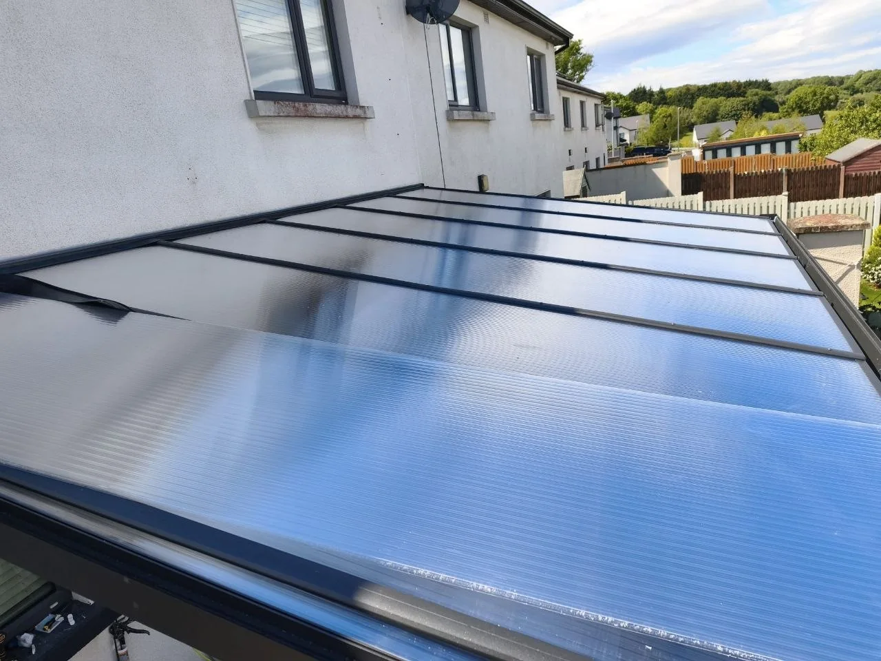 Close view of the transparent polycarbonate roofing used on the Rathdrum pergola