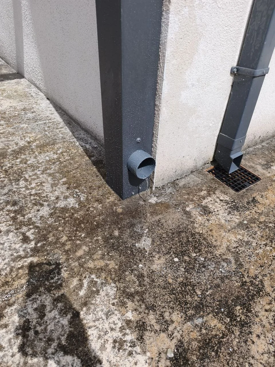 Integrated rainwater drainage detail on the anthracite aluminium entrance canopy