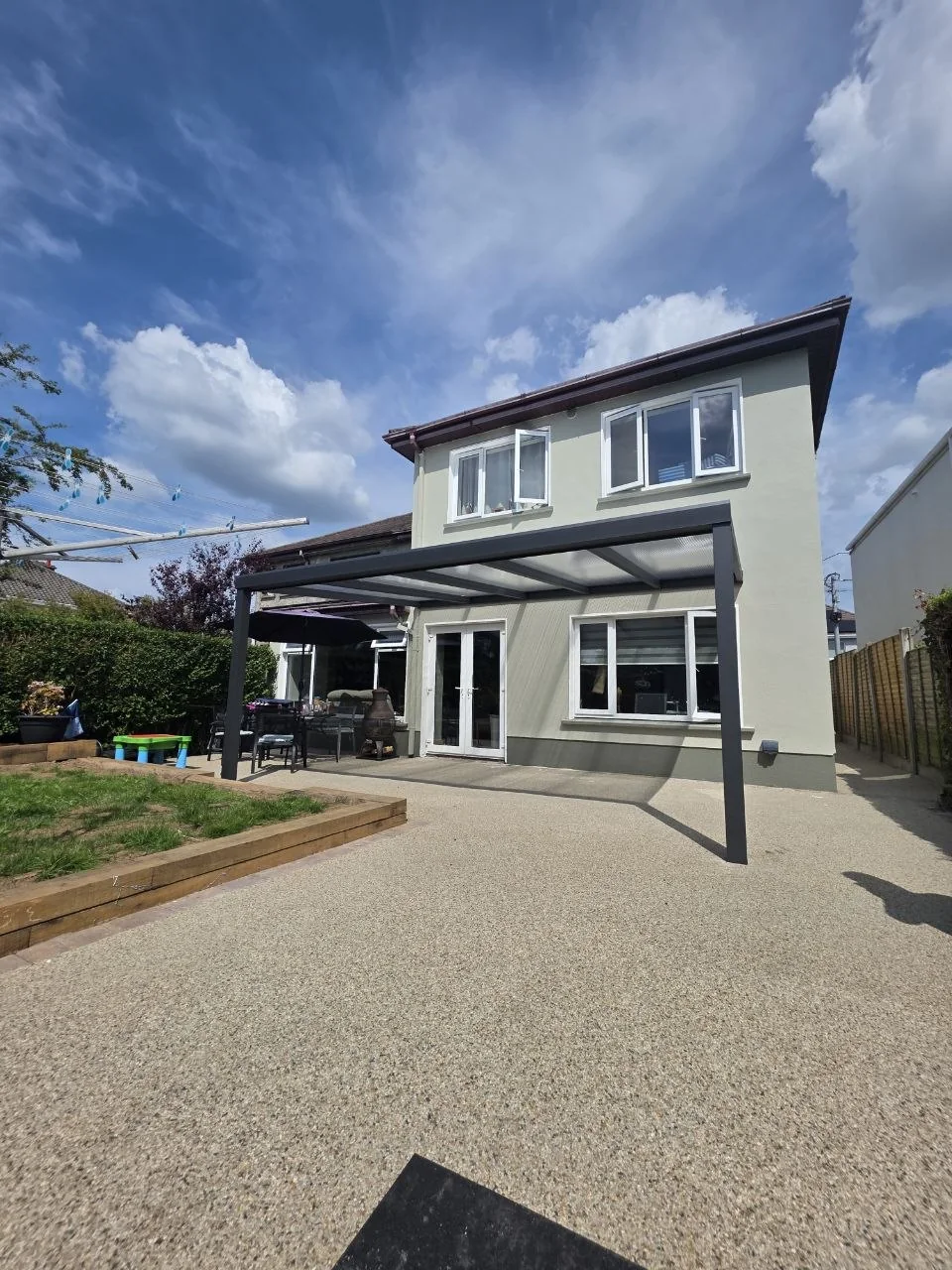 Front view of the completed anthracite polycarbonate pergola in Galway