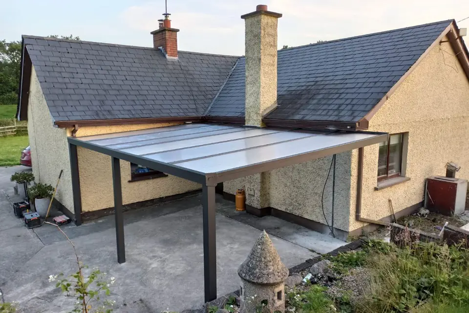 Wall-mounted polycarbonate pergola completed in Monaghan