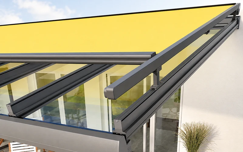 Retractable awning providing adjustable shade above a patio